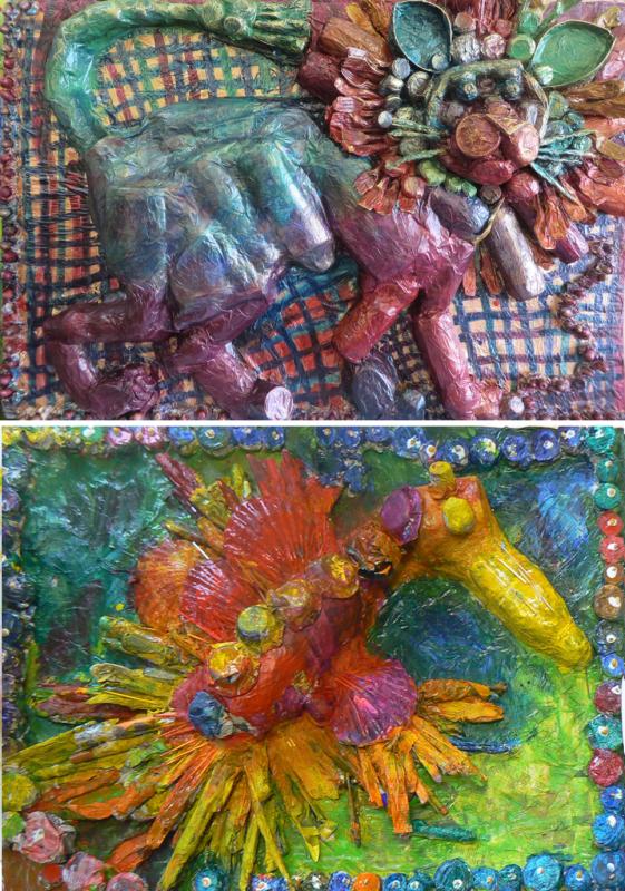 Animal en bas-relief réalisé en papier mâché et objets de récupération